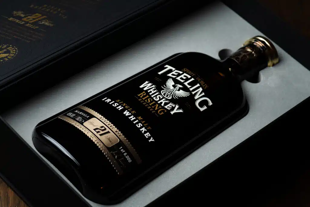 Teeling Rising Reserve 2 tilted in open box