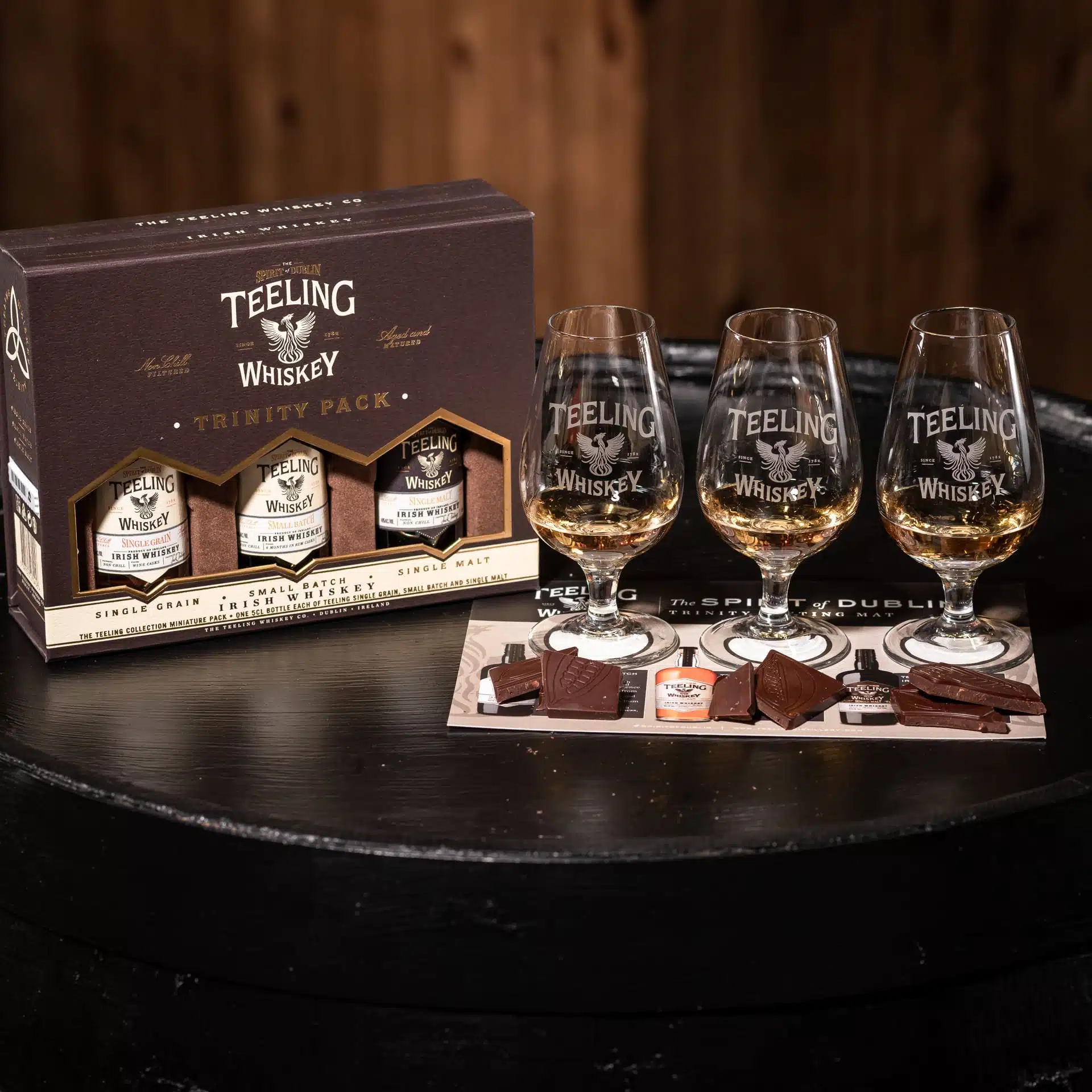 Teeling Whiskey Trinirty Gift pack miniture 5cl bottles, with a selection of chocolate from local Dublin producer Proper Chocolate 