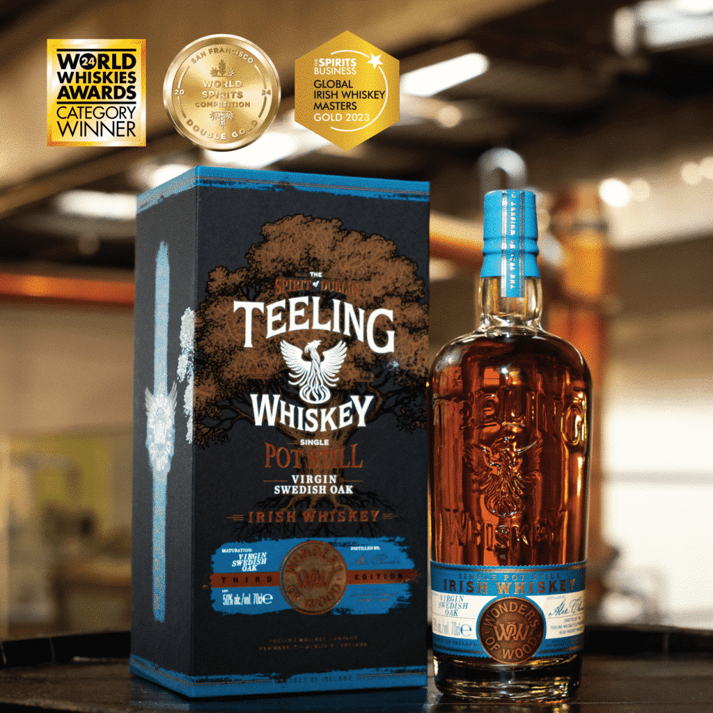 Teeling Wonders of Wood 3 Swedish Oak with awards from WWA 2024, San Francisco Spirits Awards 2024 and Irish Whiskey Masters 2023